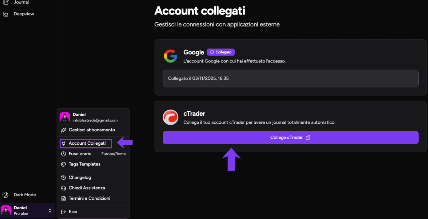 1. Collega il tuo account cTrader
