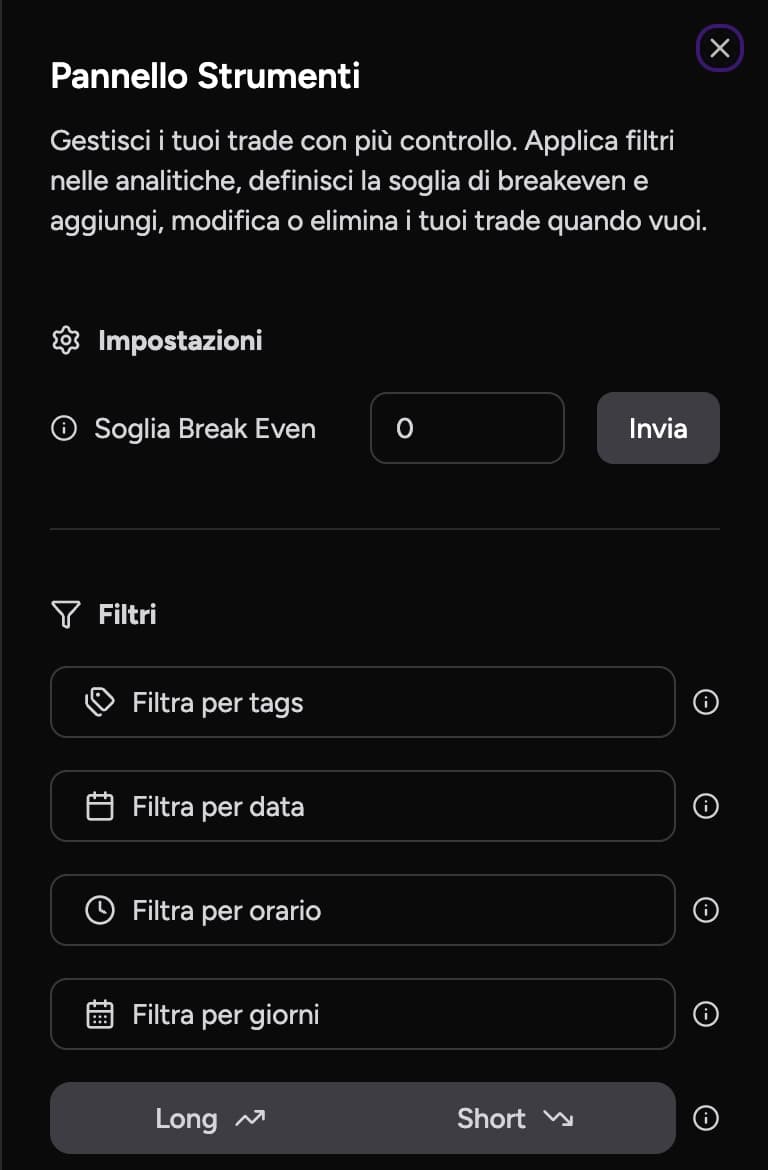 Filtri del Journal: tag, data, orario, giorni e direzione Long o Short