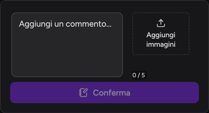 Modulo per aggiungere un commento e fino a cinque immagini al trade