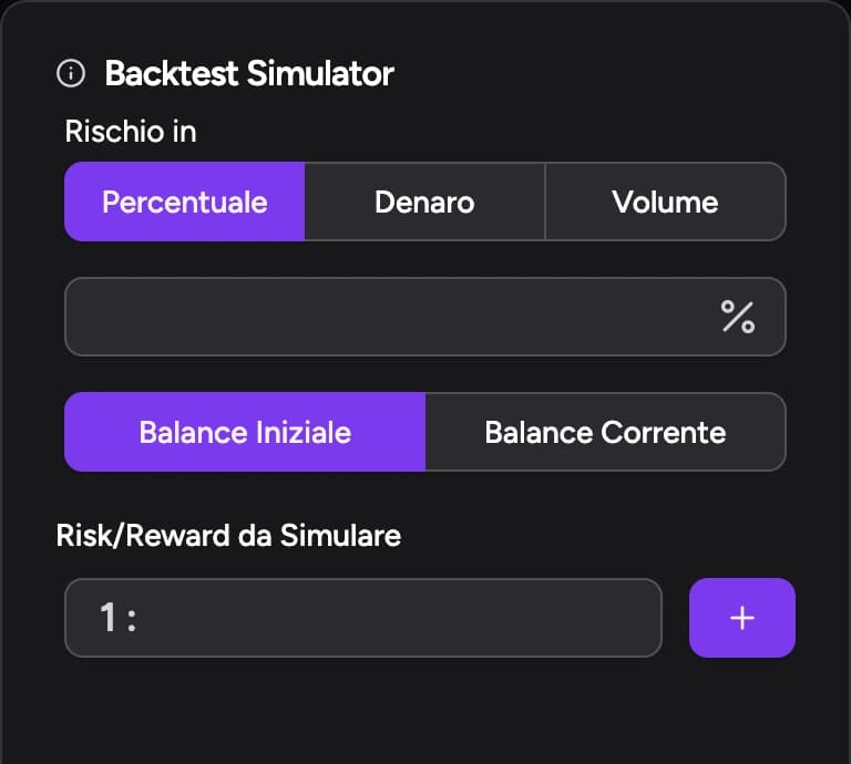 Backtest Simulator: modalità di rischio, balance e rapporto rischio rendimento