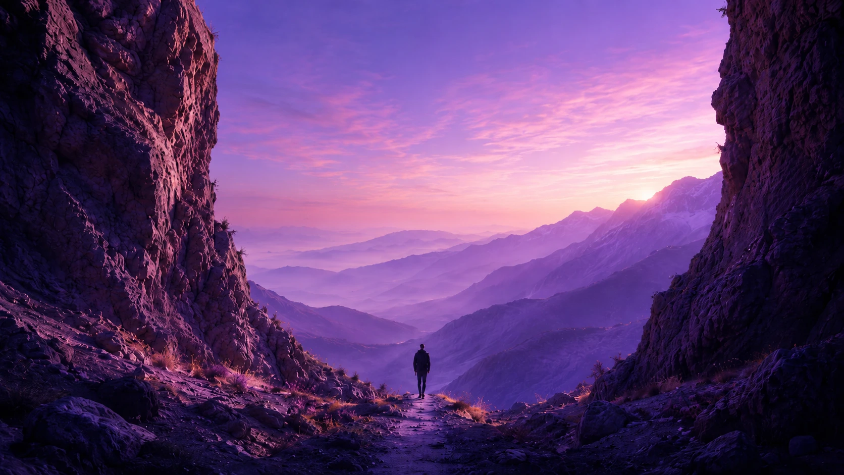 Una persona cammina tra pareti di montagna verso una valle illuminata di viola, simbolo della ricerca del proprio edge nel trading.