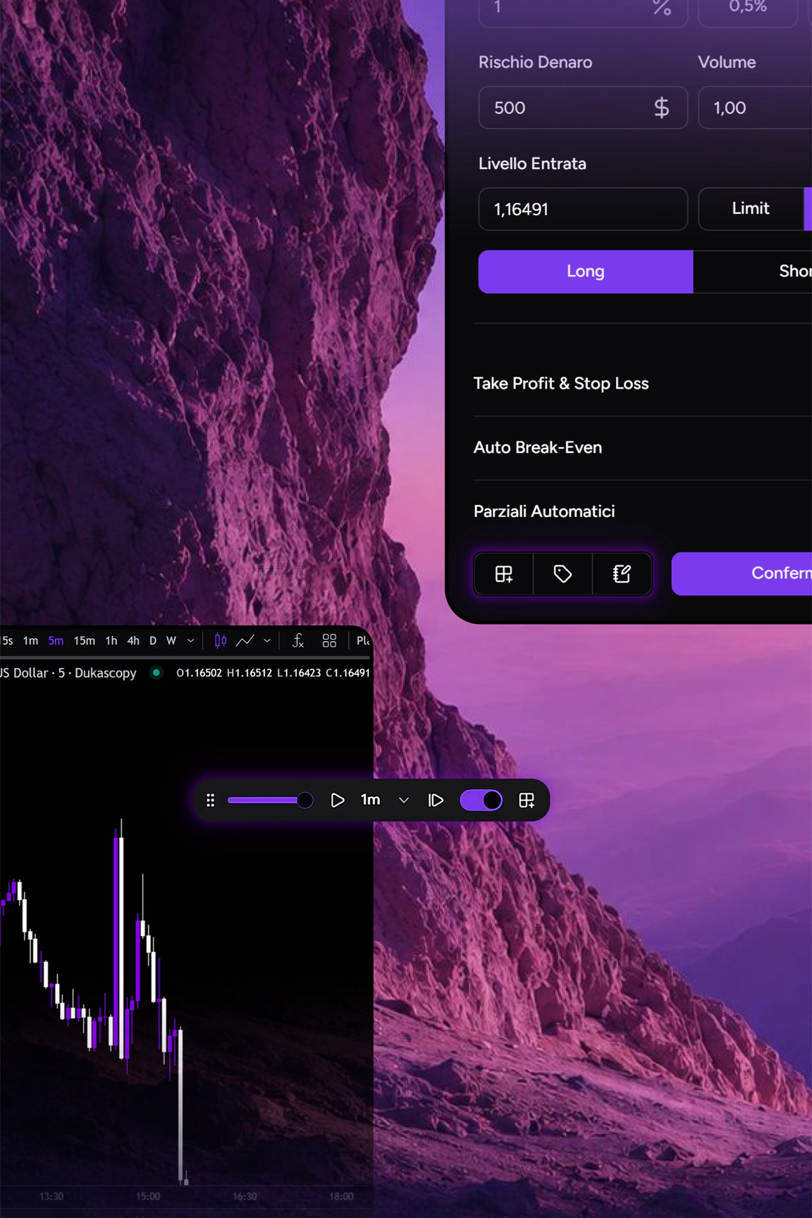 Backtester TotalTrade con grafico a candele, Bar Replay e pannello per impostare rischio, entrata e gestione dell’ordine.